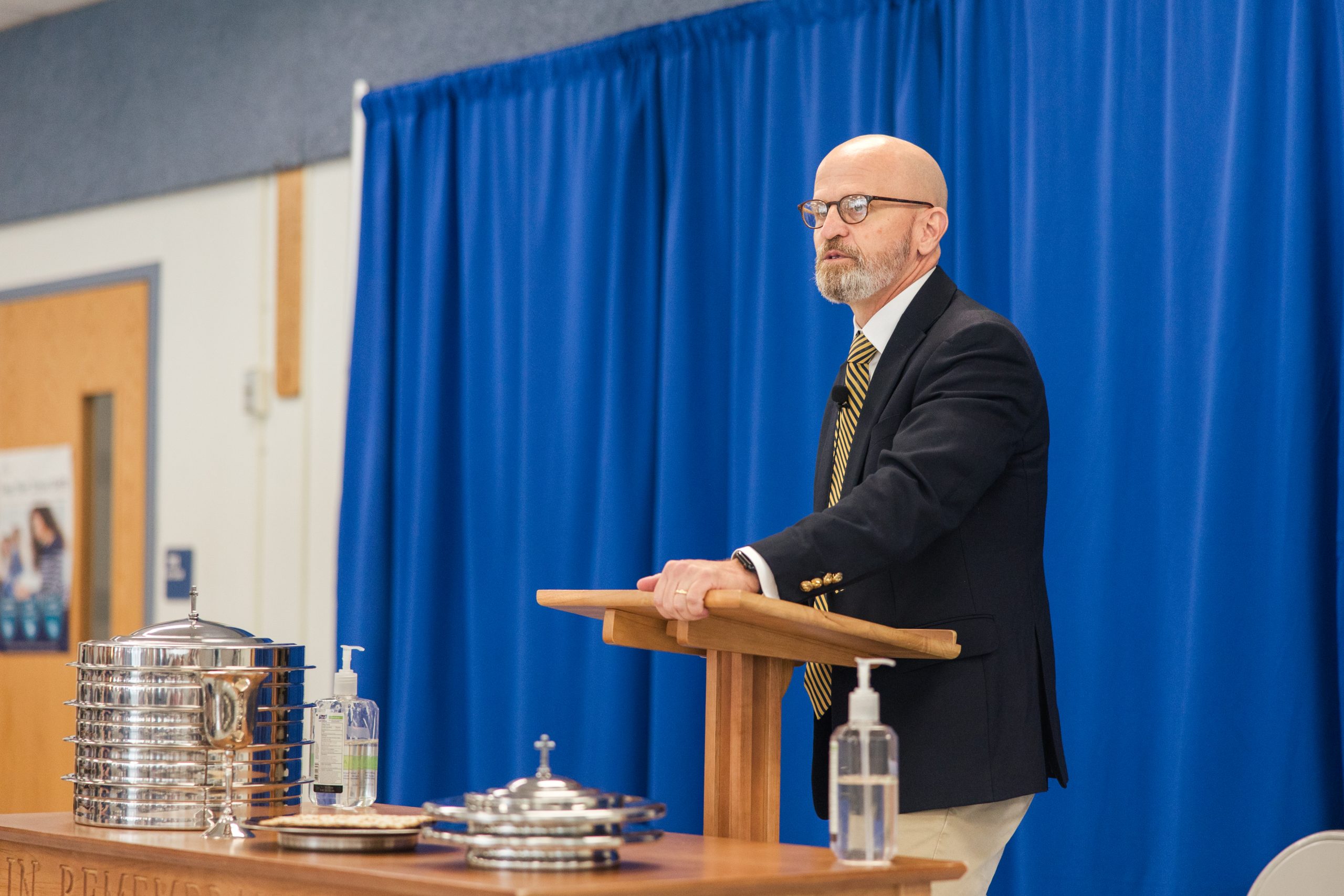 Preaching at the lectern during a Sunday worship service